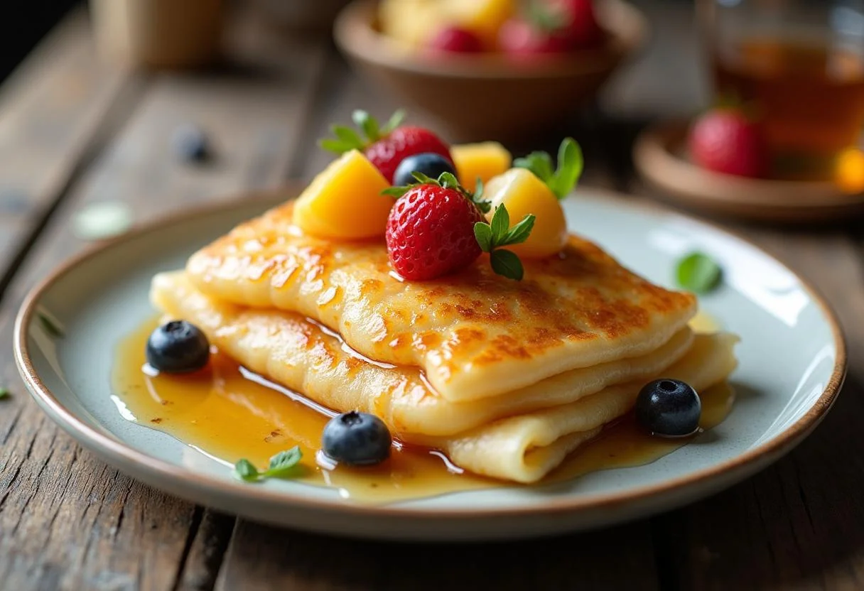 Tapioca simples e rápida servida com frutas frescas e mel, destacando sua origem e sabor.