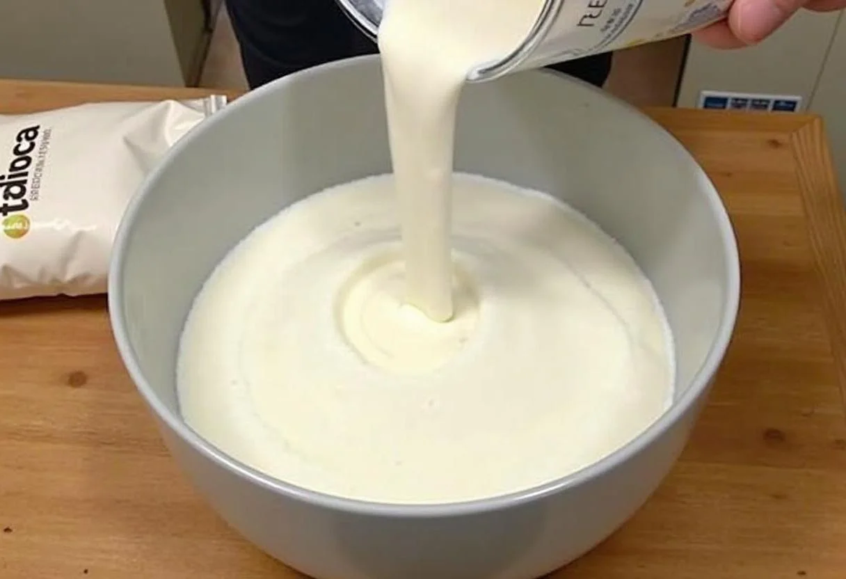 Farinha de tapioca sendo colocada em uma tigela, destacando a origem da tapioca.