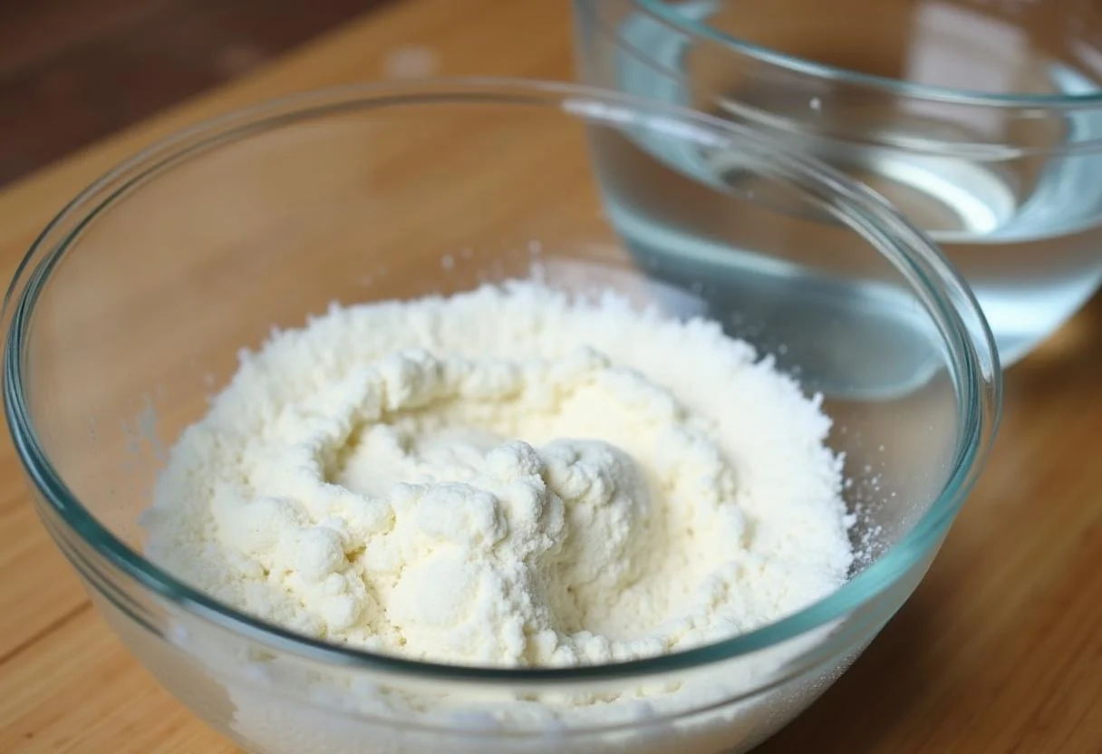 Água sendo adicionada à farinha de tapioca, revelando a origem da tapioca em sua textura.