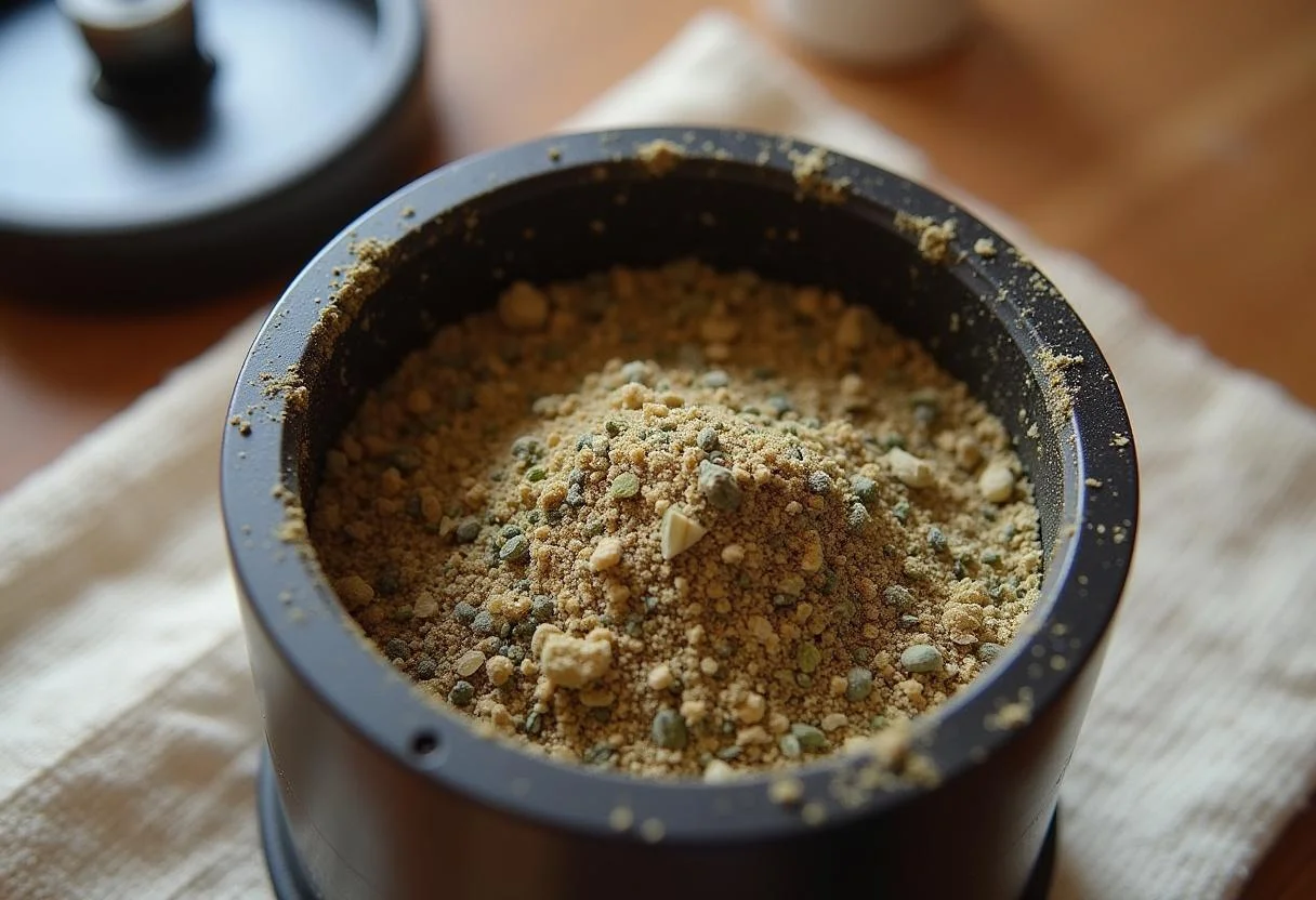 Processando cebola em pó e temperos em um moedor para preparar tempero caseiro.