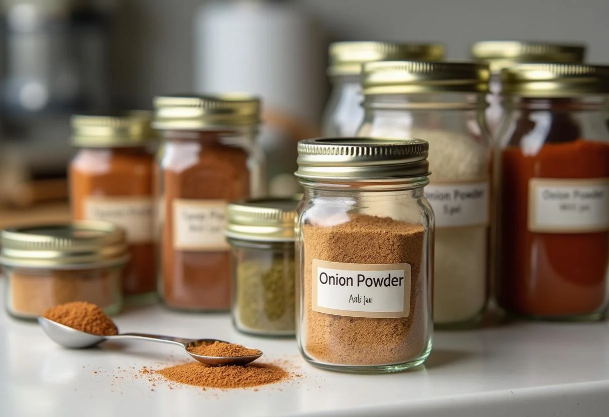 Jars de tempero caseiro com cebola em pó rotulados prontos para uso na cozinha.