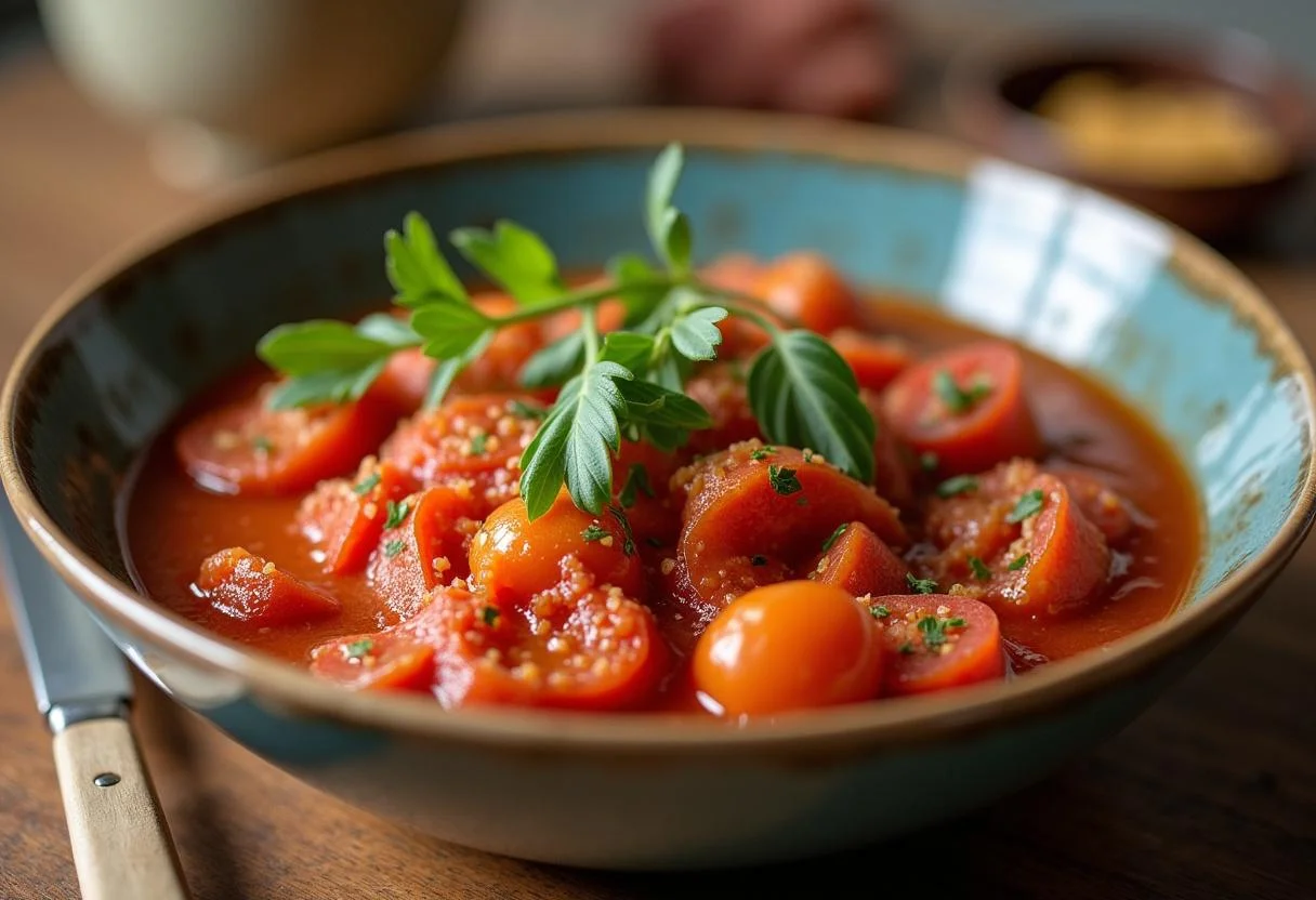 Deliciously prepared tomate débora refogado served in a bowl, perfect for any meal.
