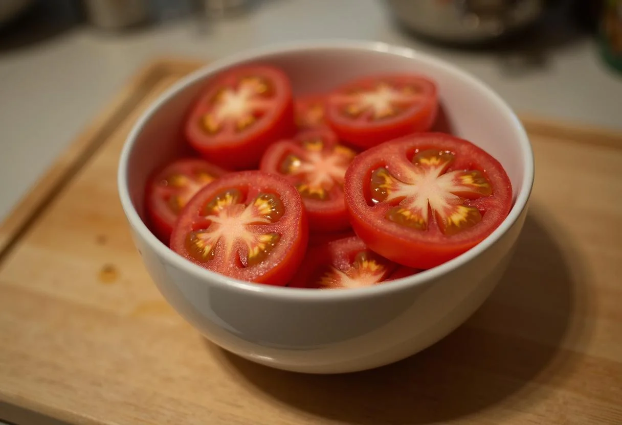 Bowl of fresh tomate débora cut into quarters, ready for refogado preparation.