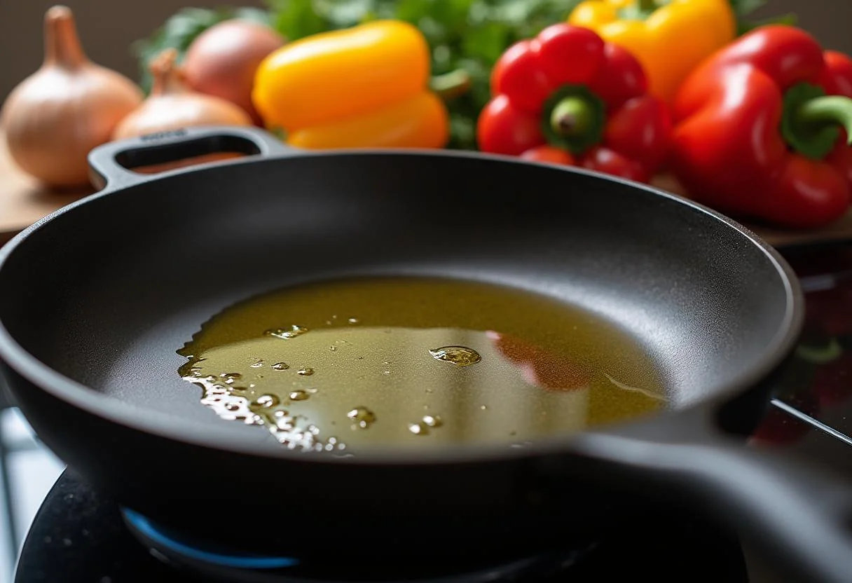 Olive oil heating in a skillet for making tomate débora refogado.