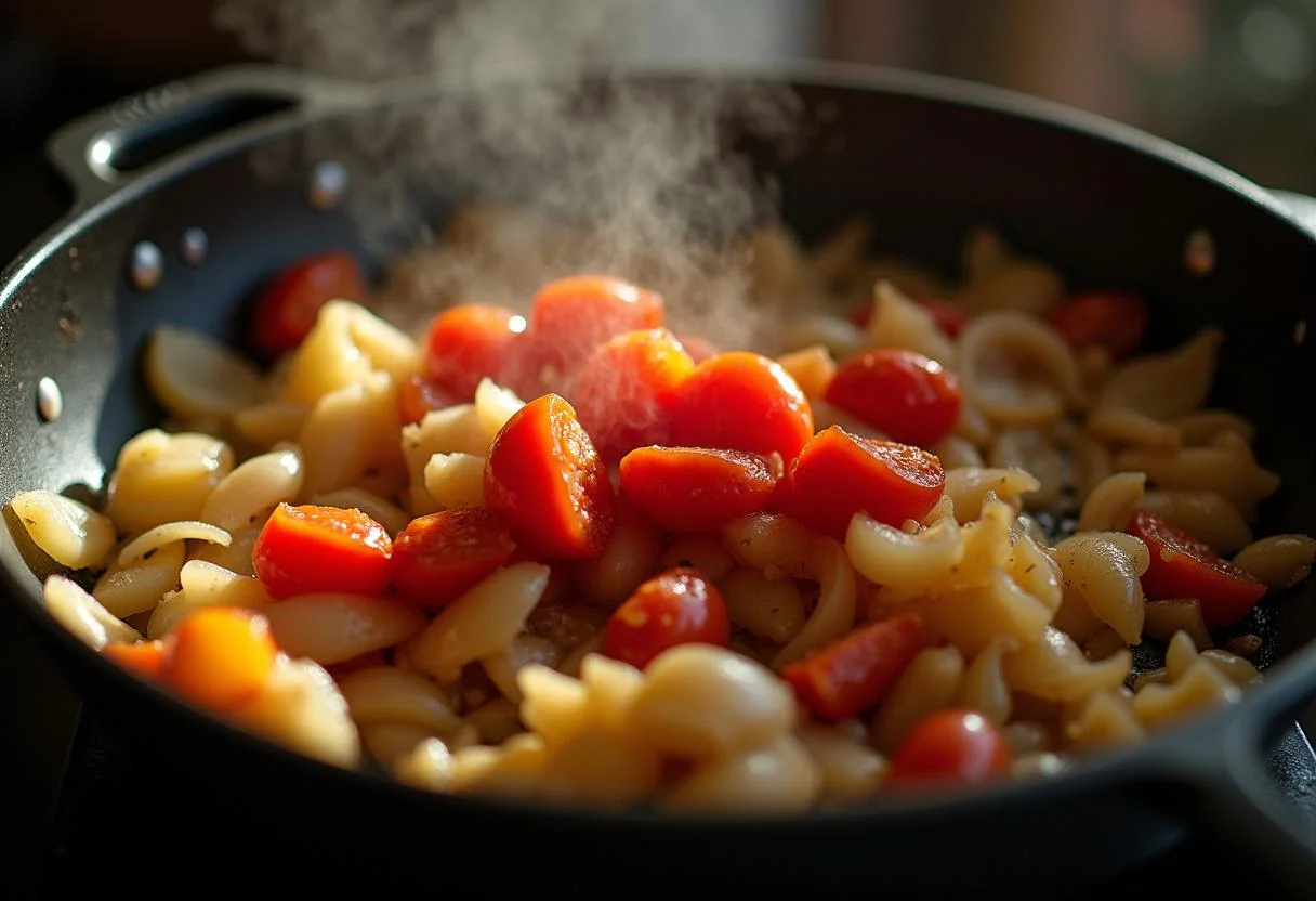 Onions and bell peppers sautéing with tomate débora added to create a delicious refogado.