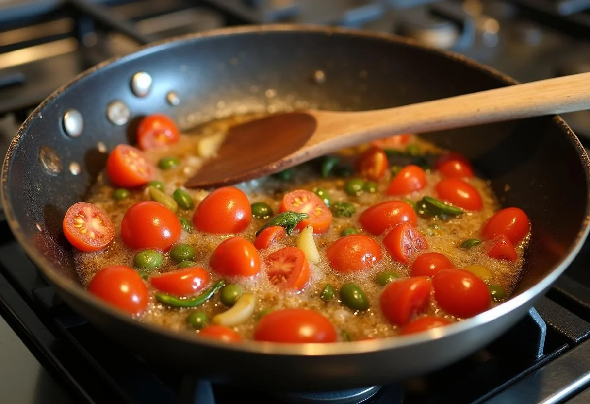 Simmering tomate débora refogado in a skillet, showcasing vibrant colors and textures.