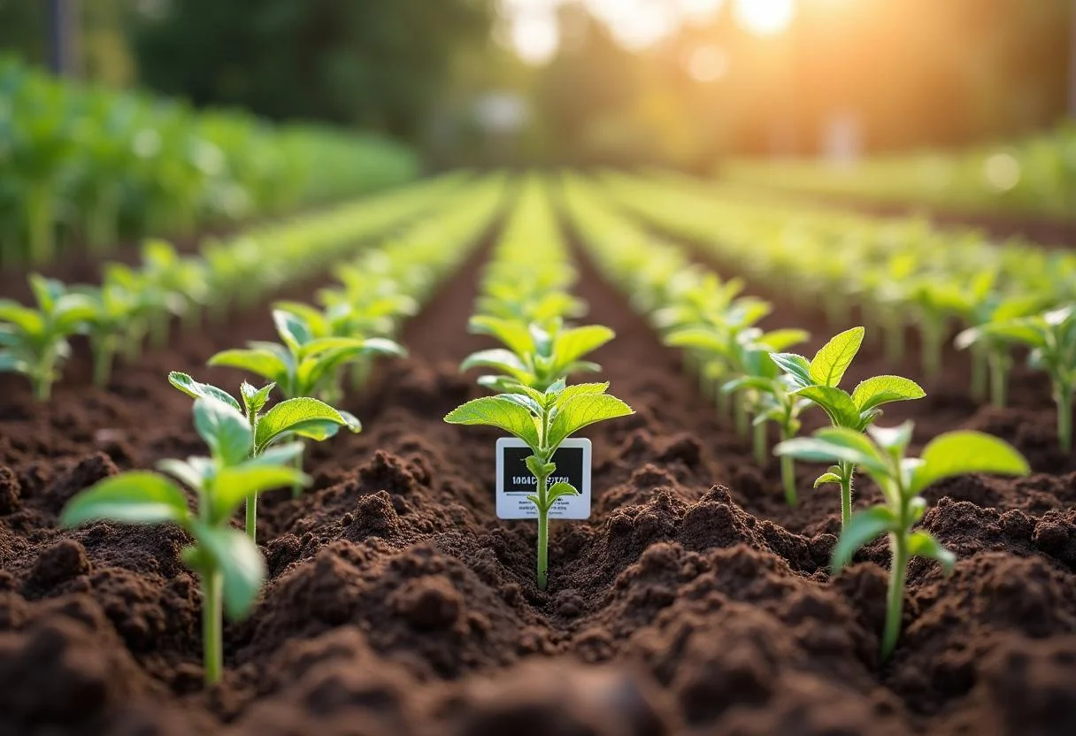 Mudas de tomate rasteiro plantadas em um canteiro, ideais para molho industrial.