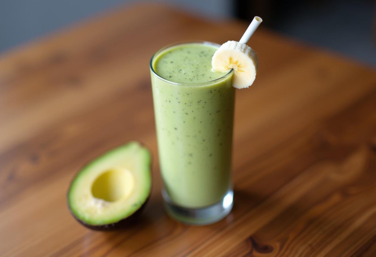 Vitamina de abacate com banana cremosa servida em um copo, perfeita para um café da manhã saudável.