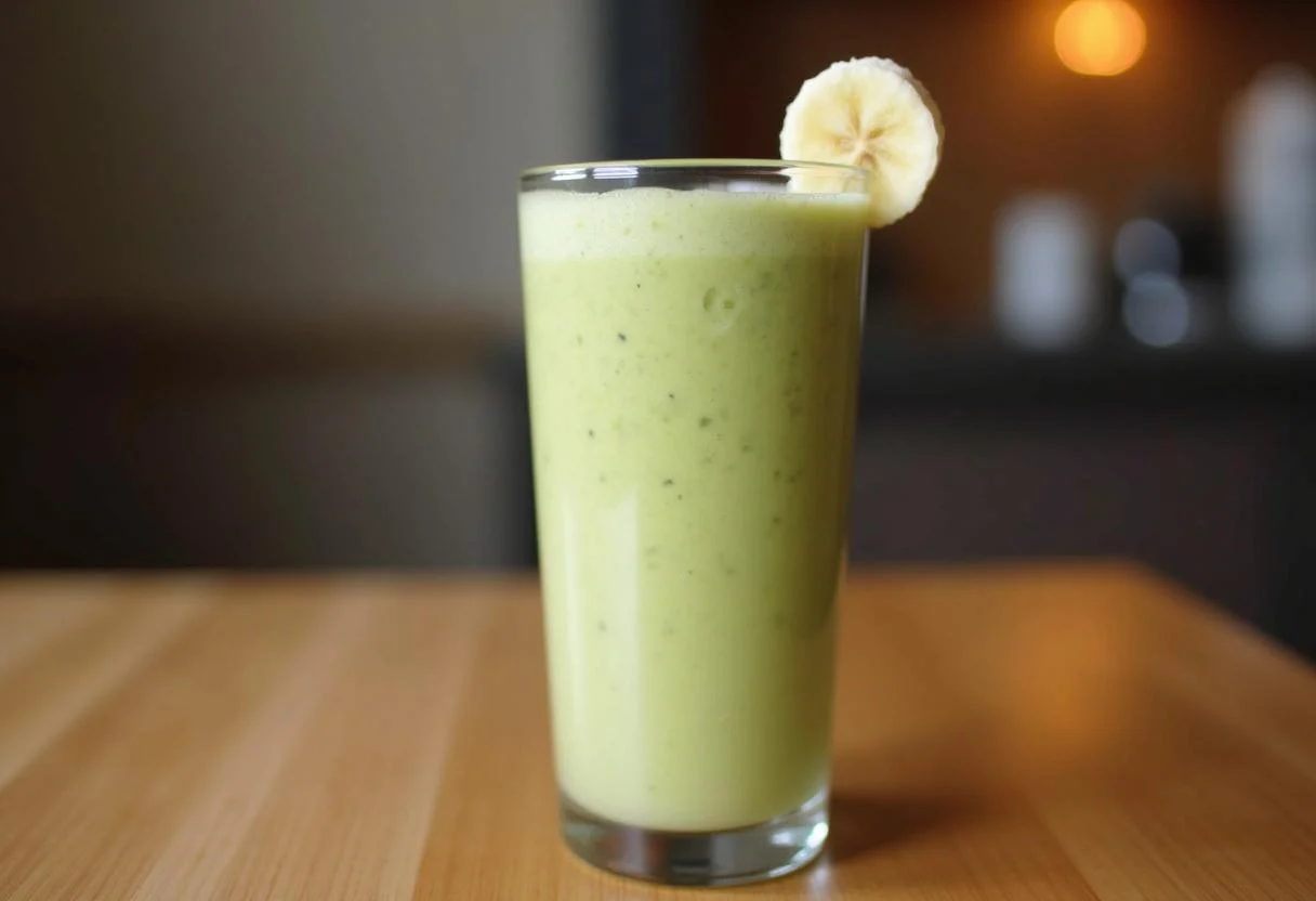 Vitamina de abacate com banana cremosa servida em um copo, perfeita para um café da manhã saudável.
