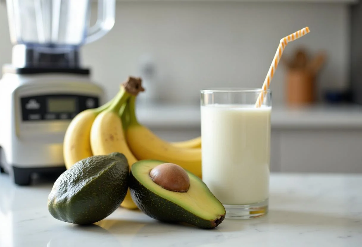 Ingredientes visíveis para preparar vitamina de abacate com banana: abacate e banana sobre uma bancada de cozinha.