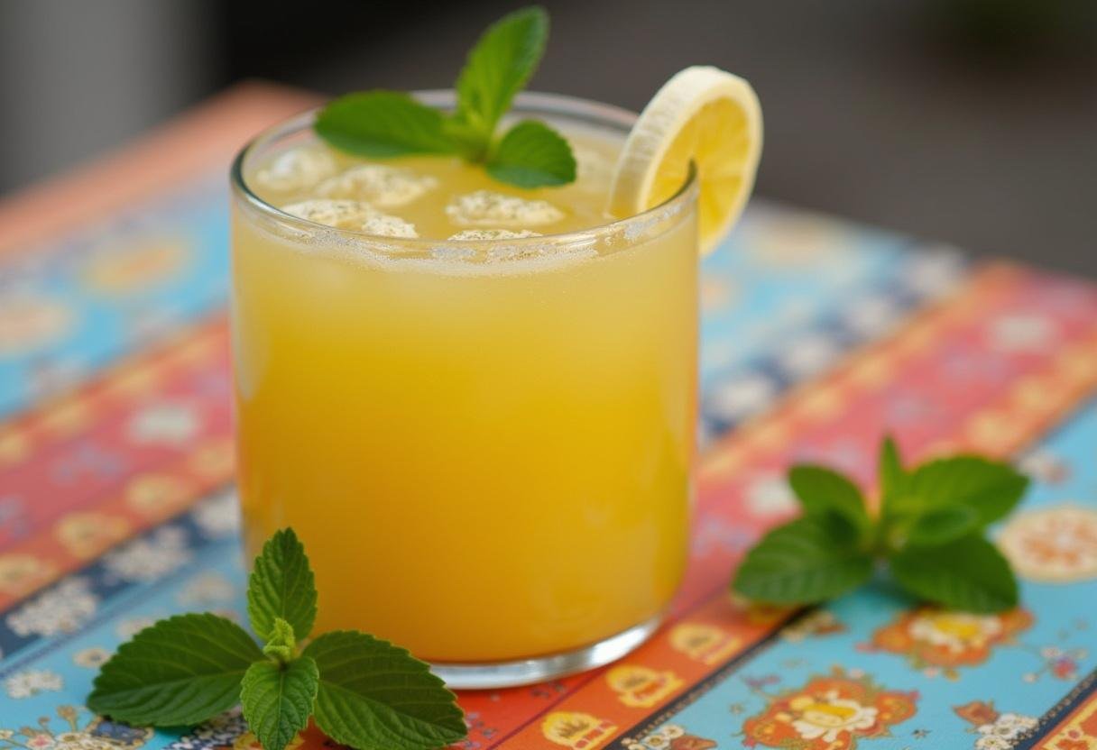 Vitamina de banana da prata pronta para servir em um ambiente alegre.