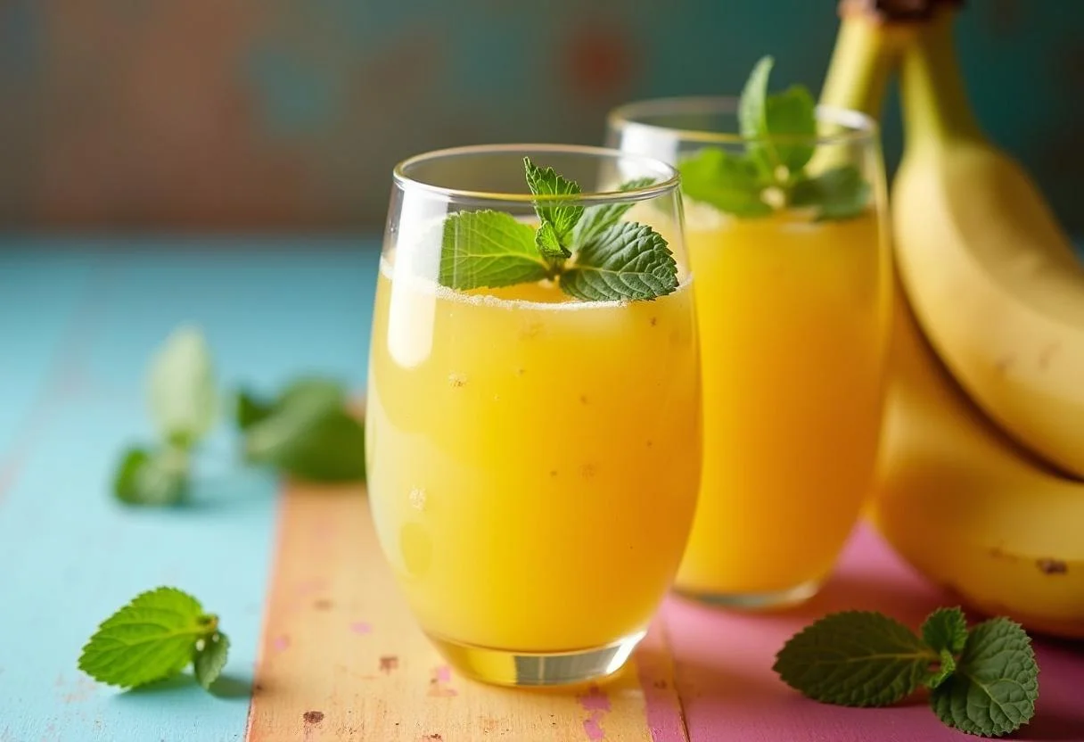 Vitamina de banana da prata pronta para servir em um ambiente alegre.