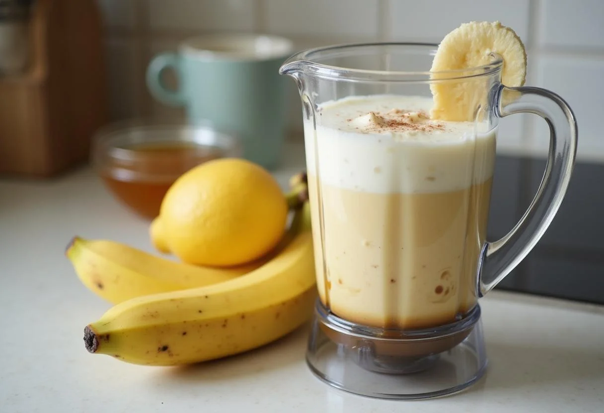 Ingredientes da vitamina de banana da prata: banana da prata, iogurte e mel no liquidificador.