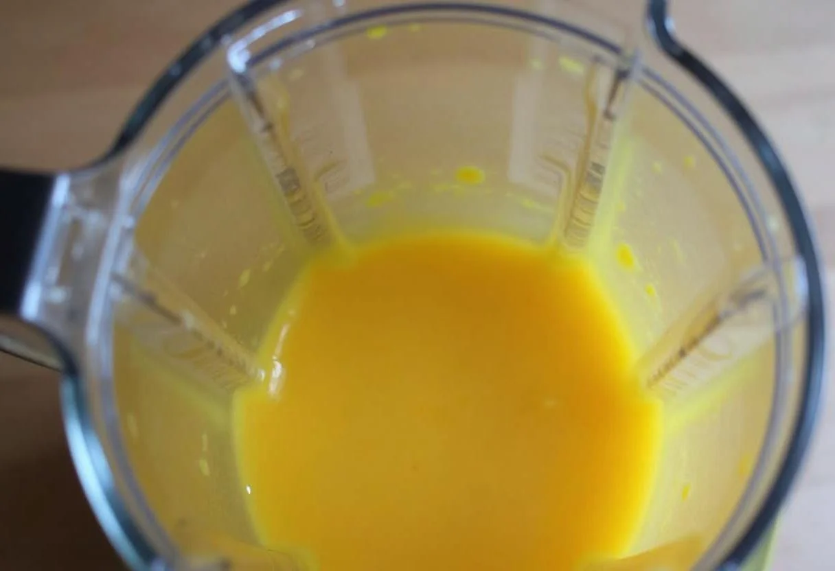 Mistura de vitamina de banana da prata sendo batida no liquidificador.