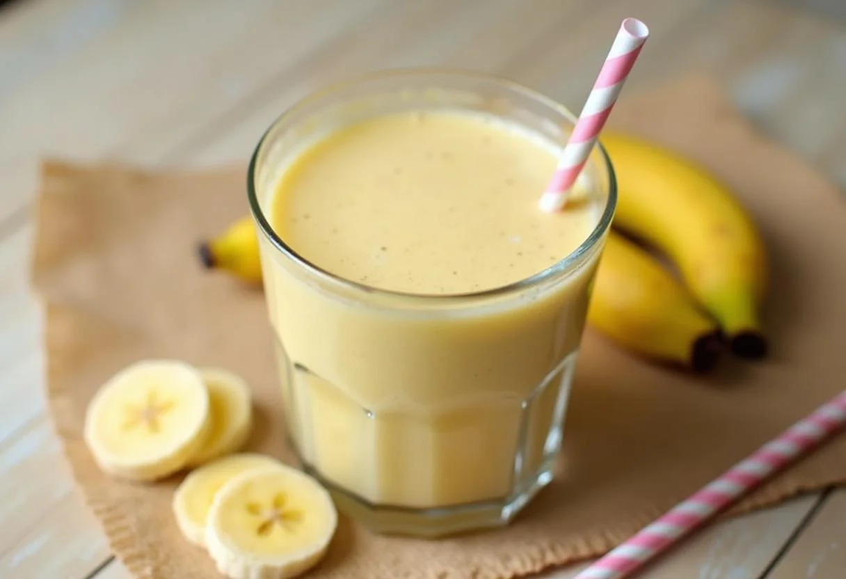 Vitamina de banana da prata sendo servida em um copo com fatias de banana ao lado.