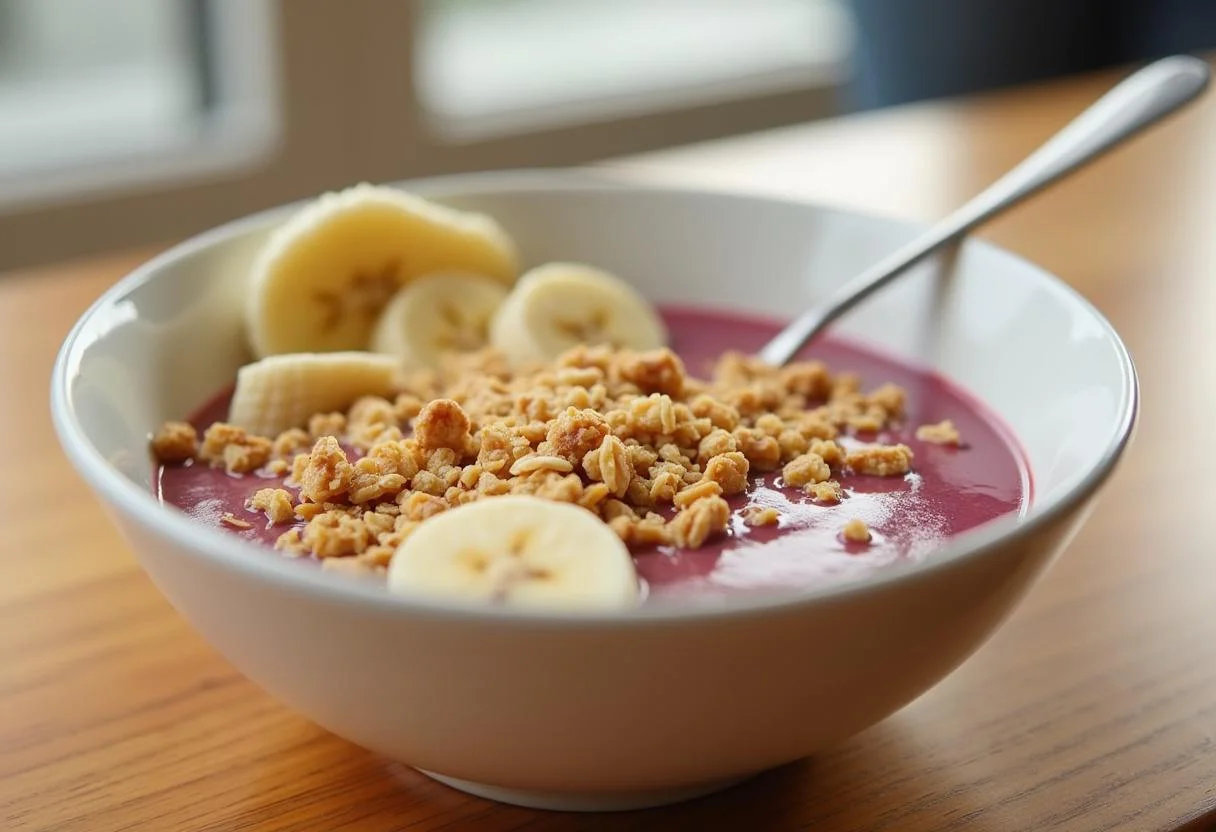 Bowl de vitamina de banana da prata decorado com granola e fatias de banana.