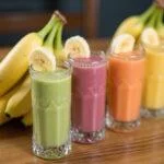 Vitamina de banana simples pronta para servir, com destaque para as calorias da banana nanica e tabela nutricional da banana.