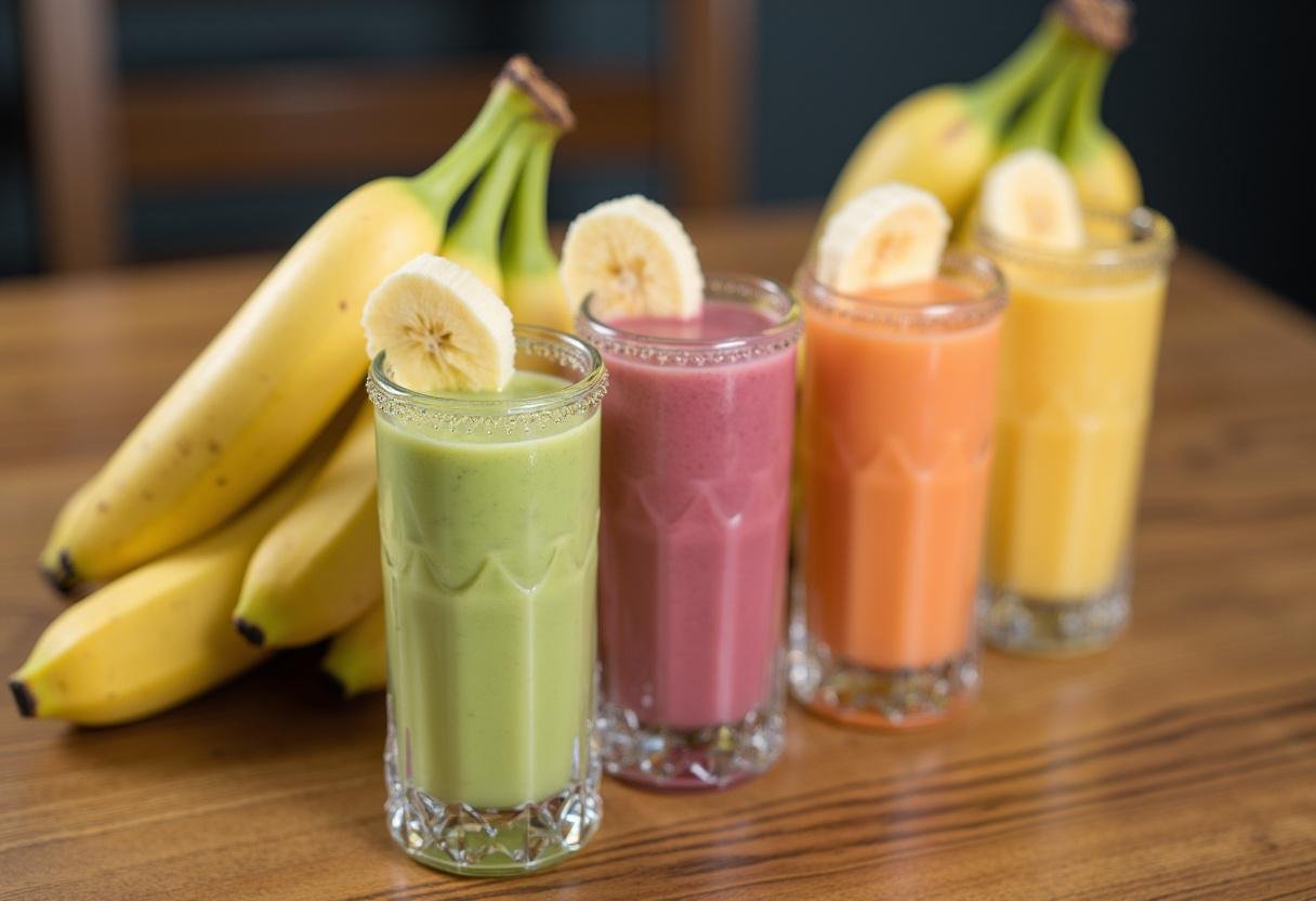 Vitamina de banana simples pronta para servir, com destaque para as calorias da banana nanica e tabela nutricional da banana.