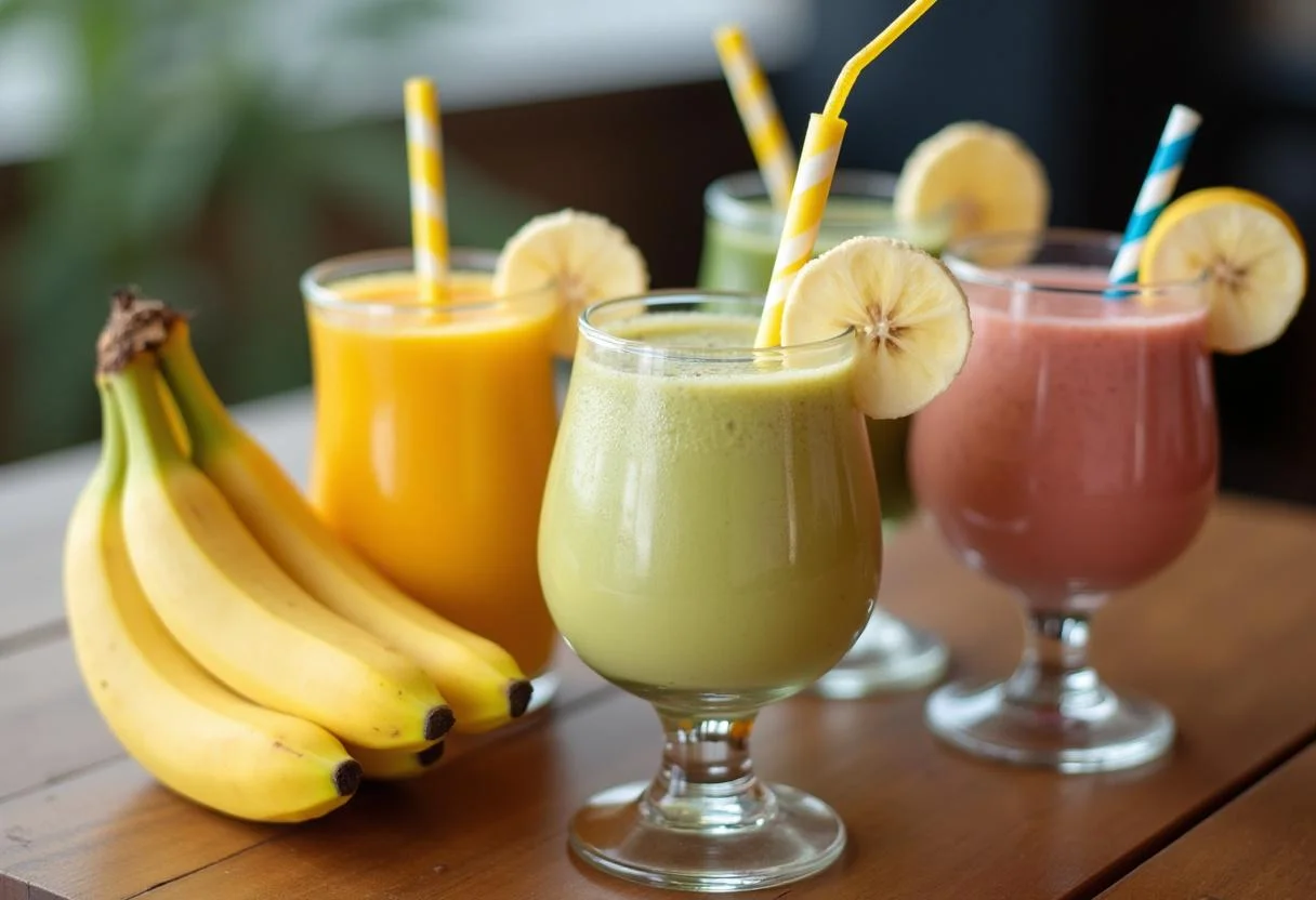 Vitamina de banana simples pronta para servir, com destaque para as calorias da banana nanica e tabela nutricional da banana.