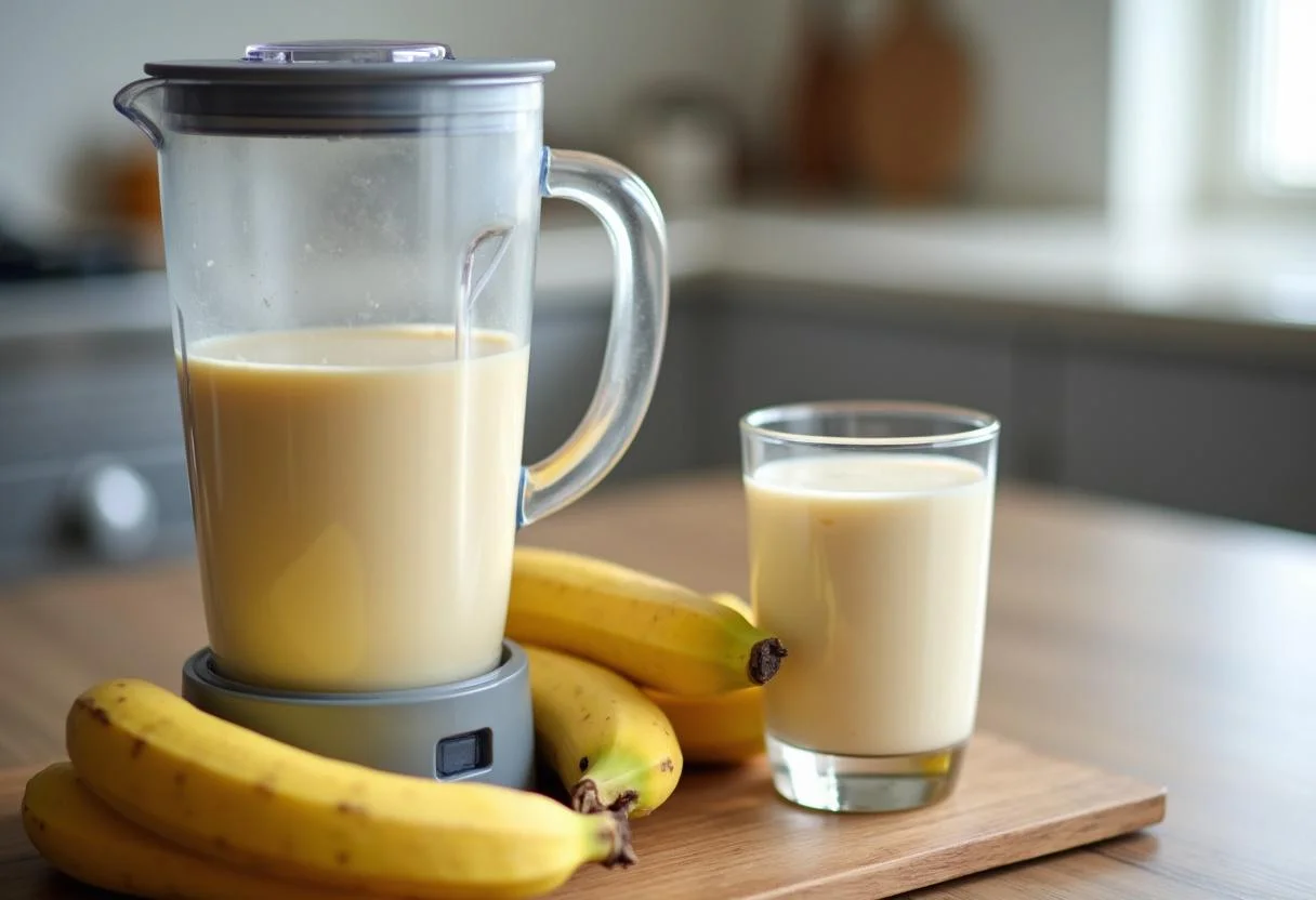 Mistura de banana, leite e mel para vitamina de banana simples na tabela nutricional da banana.