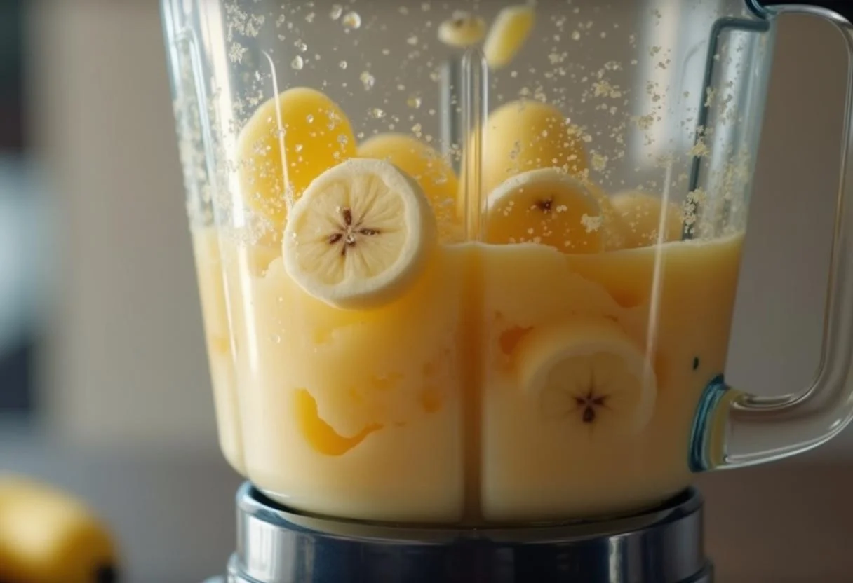 Mistura sendo batida no liquidificador para vitamina de banana, destacando a tabela nutricional da banana.