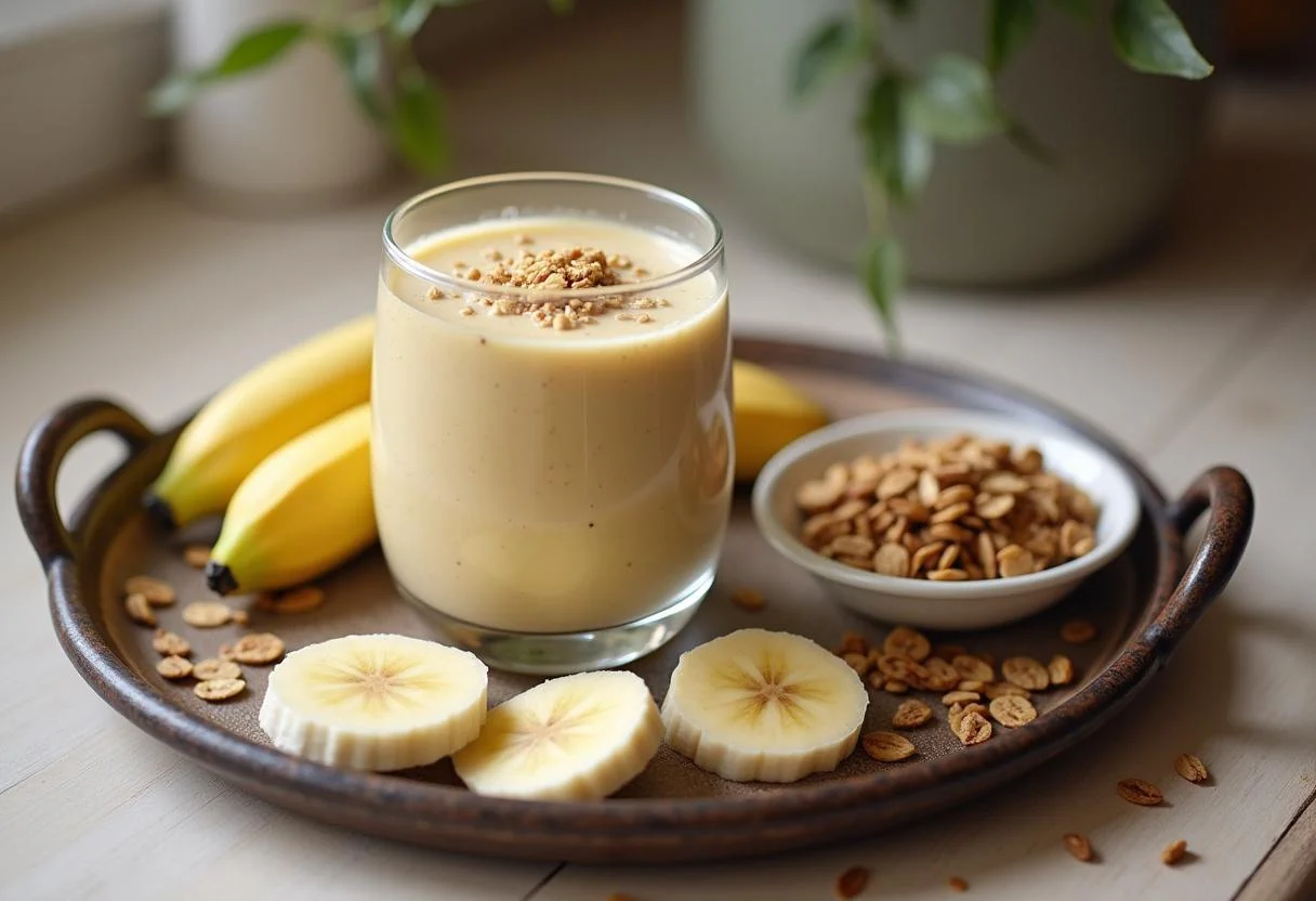 Apresentação da vitamina de banana simples com fatias de banana e granola, reforçando a tabela nutricional da banana.