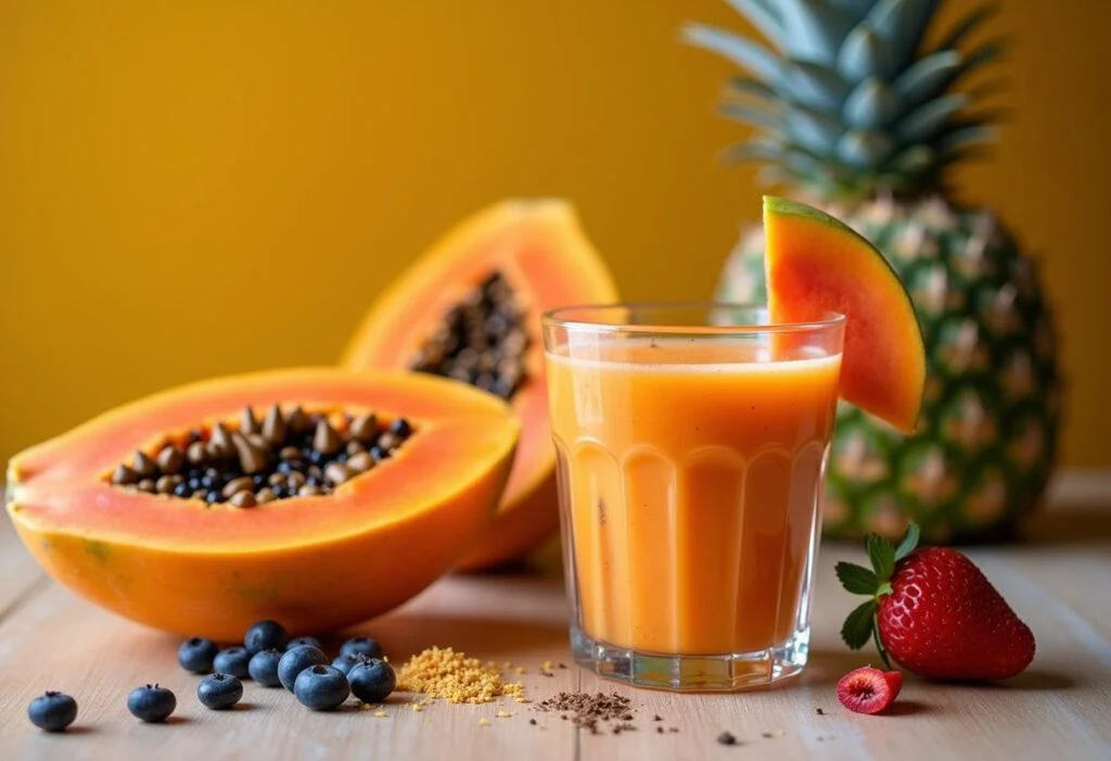 Vitamina de mamão formosa apresentada de forma atraente, ideal para refrescar em qualquer ocasião.