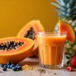 Vitamina de mamão formosa apresentada de forma atraente, ideal para refrescar em qualquer ocasião.