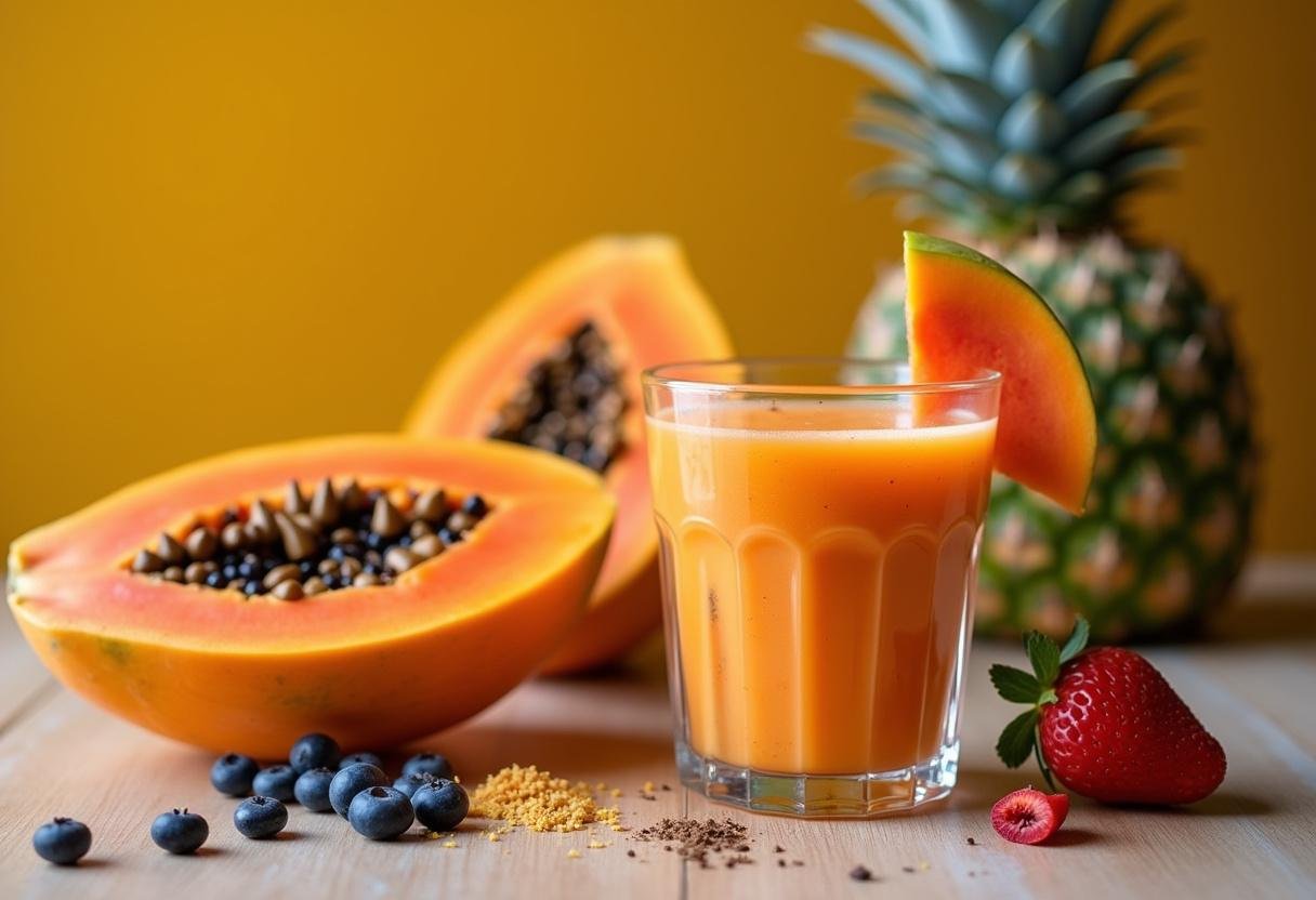 Vitamina de mamão formosa apresentada de forma atraente, ideal para refrescar em qualquer ocasião.