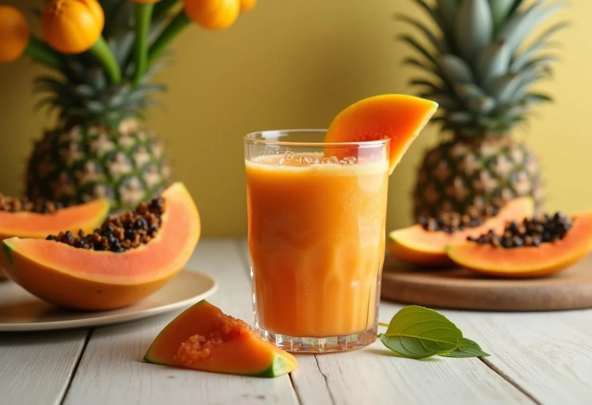 Vitamina de mamão formosa apresentada de forma atraente, ideal para refrescar em qualquer ocasião.