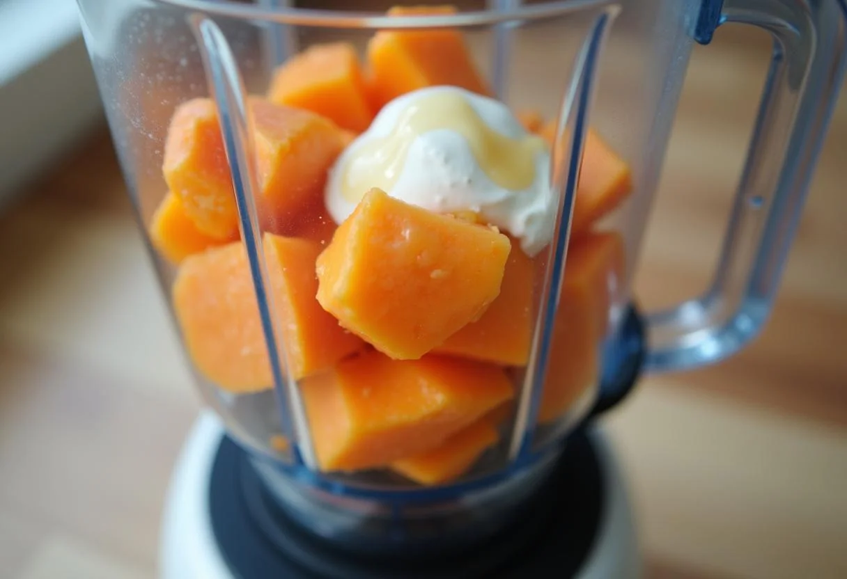 Ingredientes da vitamina de mamão formosa prontos para serem batidos no liquidificador.