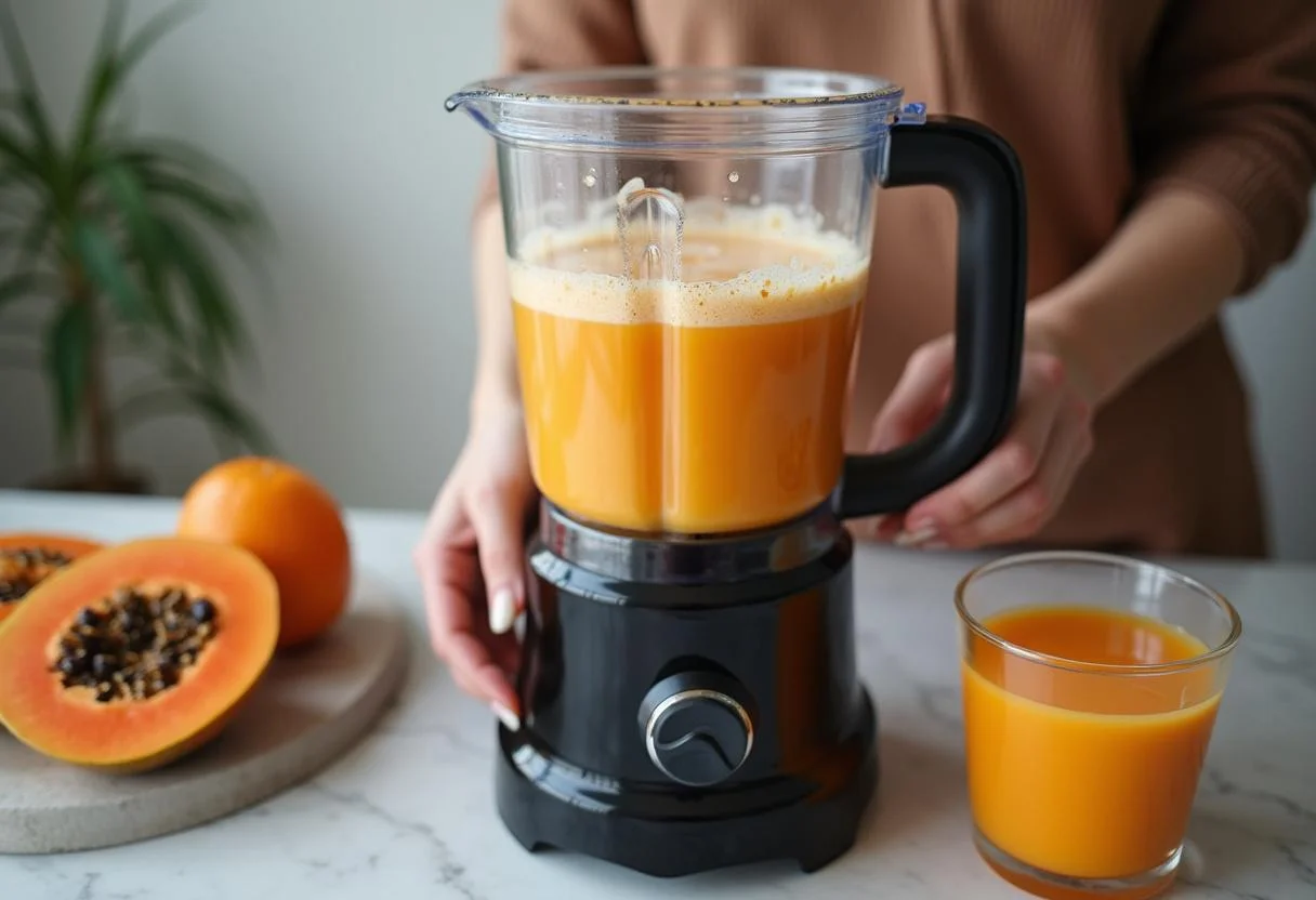 Mistura de vitamina de mamão formosa sendo batida no liquidificador até ficar cremosa.