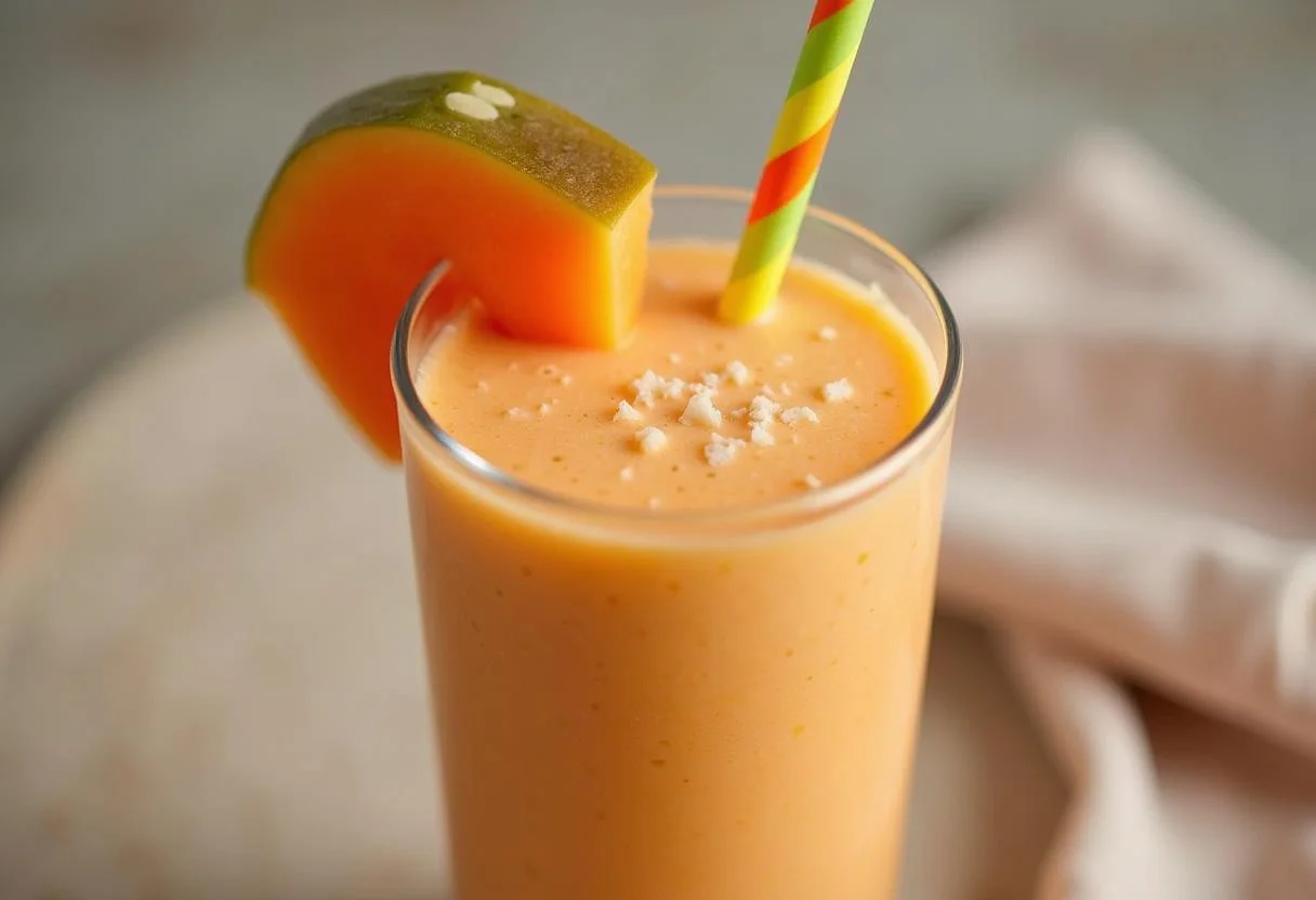 Vitamina de mamão formosa sendo servida em um copo decorativo.