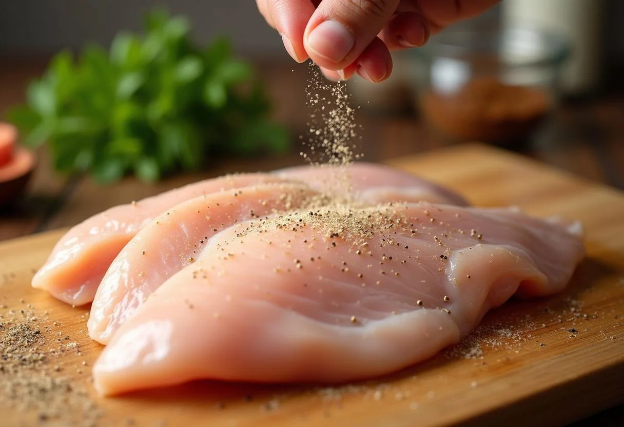 Filé de frango fresco sendo temperado para o preparo do X Frango.