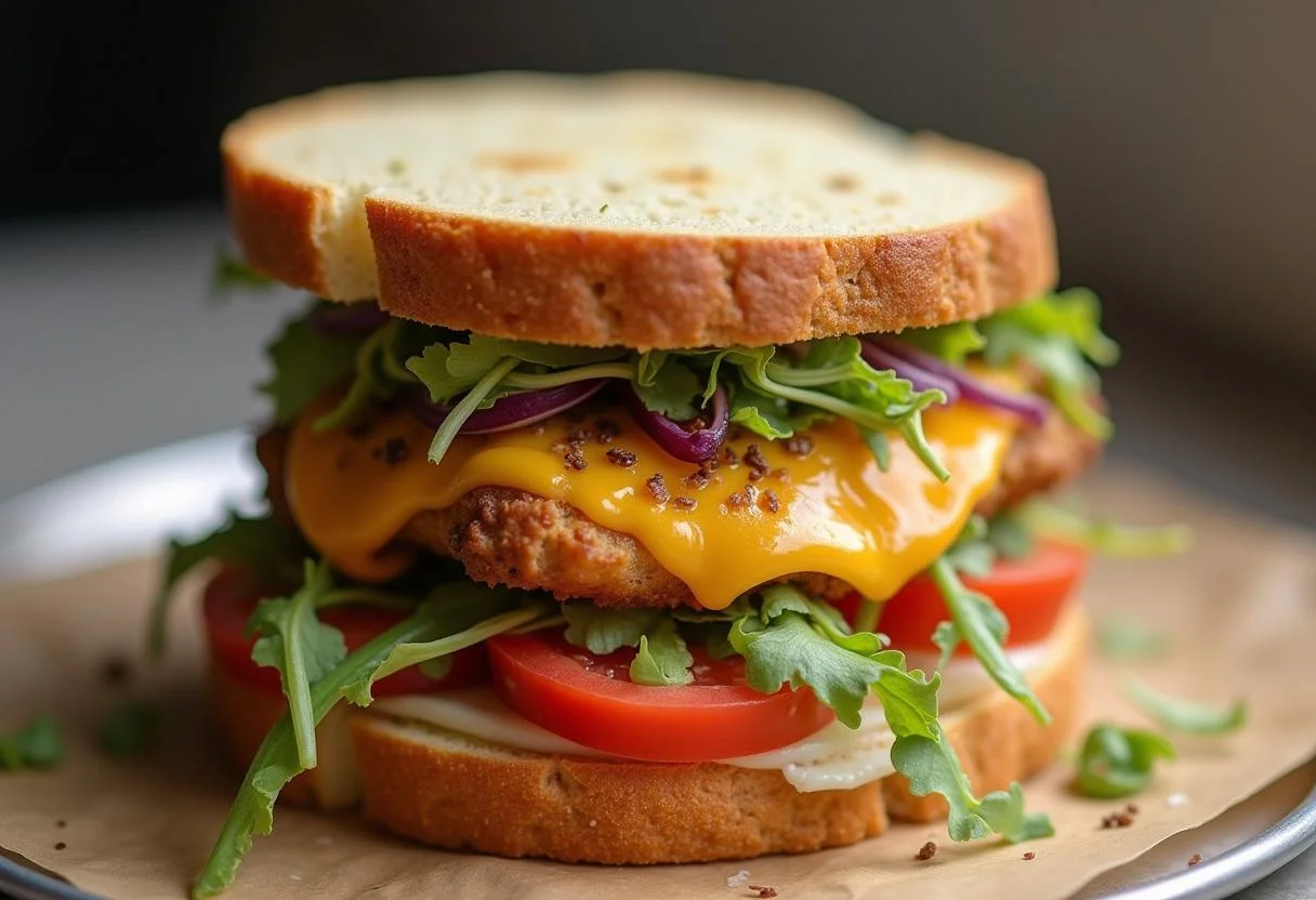 Sanduíche de X Frango montado com filé de frango e queijo derretido.