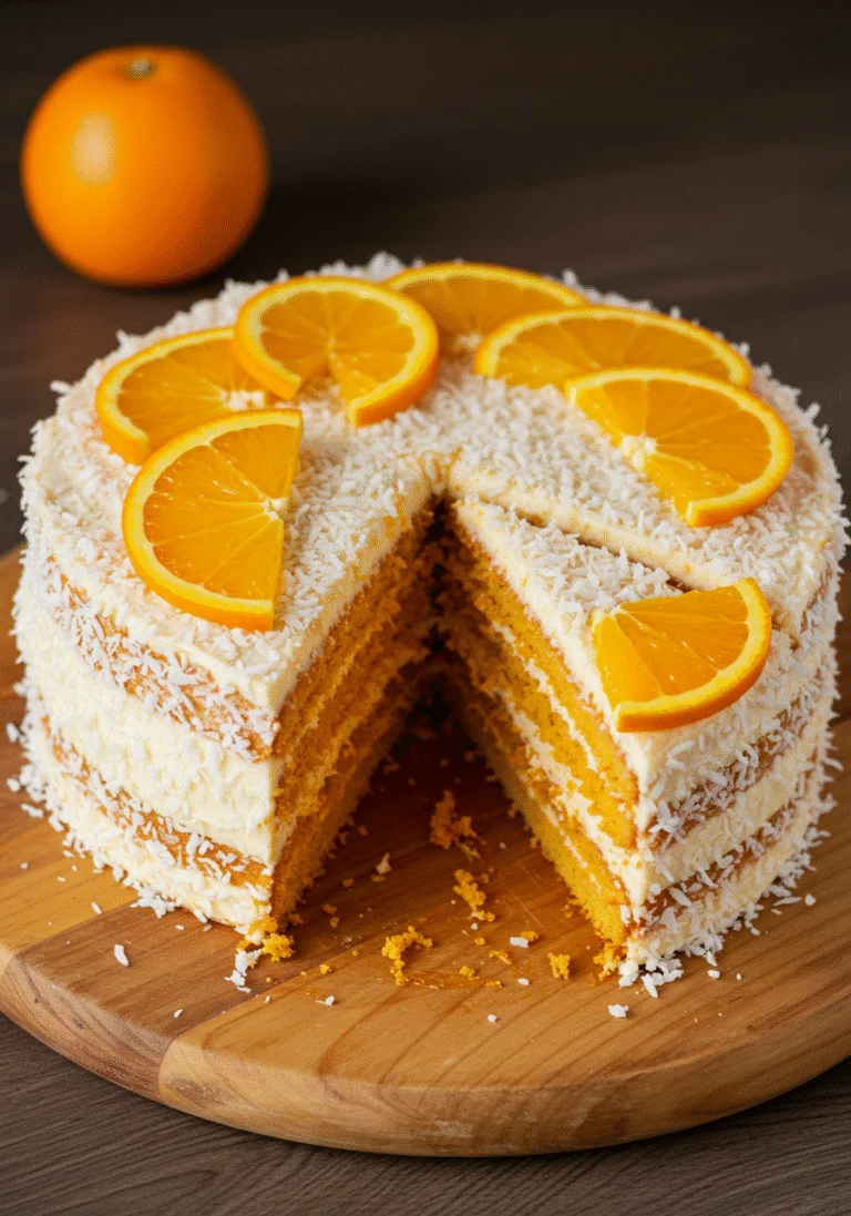Bolo de Laranja com Coco finalizado, decorado com fatias de laranja e coco, pronto para ser servido.