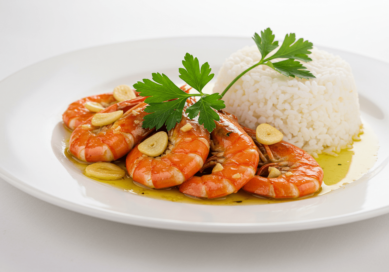 Prato final de Camarão Vermelho ao Alho e Óleo decorado com salsa, perfeito para uma refeição saborosa.