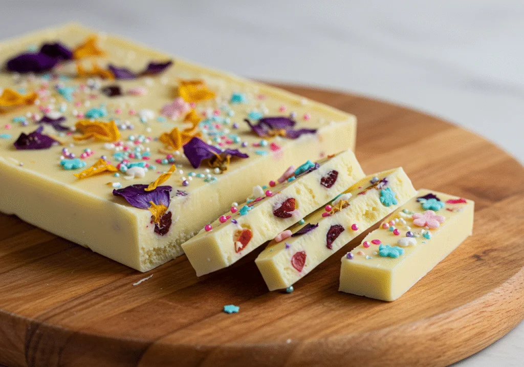 Finished chocolate branco nobre dessert, elegantly presented on a serving board.