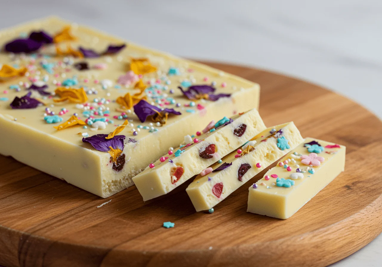 Finished chocolate branco nobre dessert, elegantly presented on a serving board.