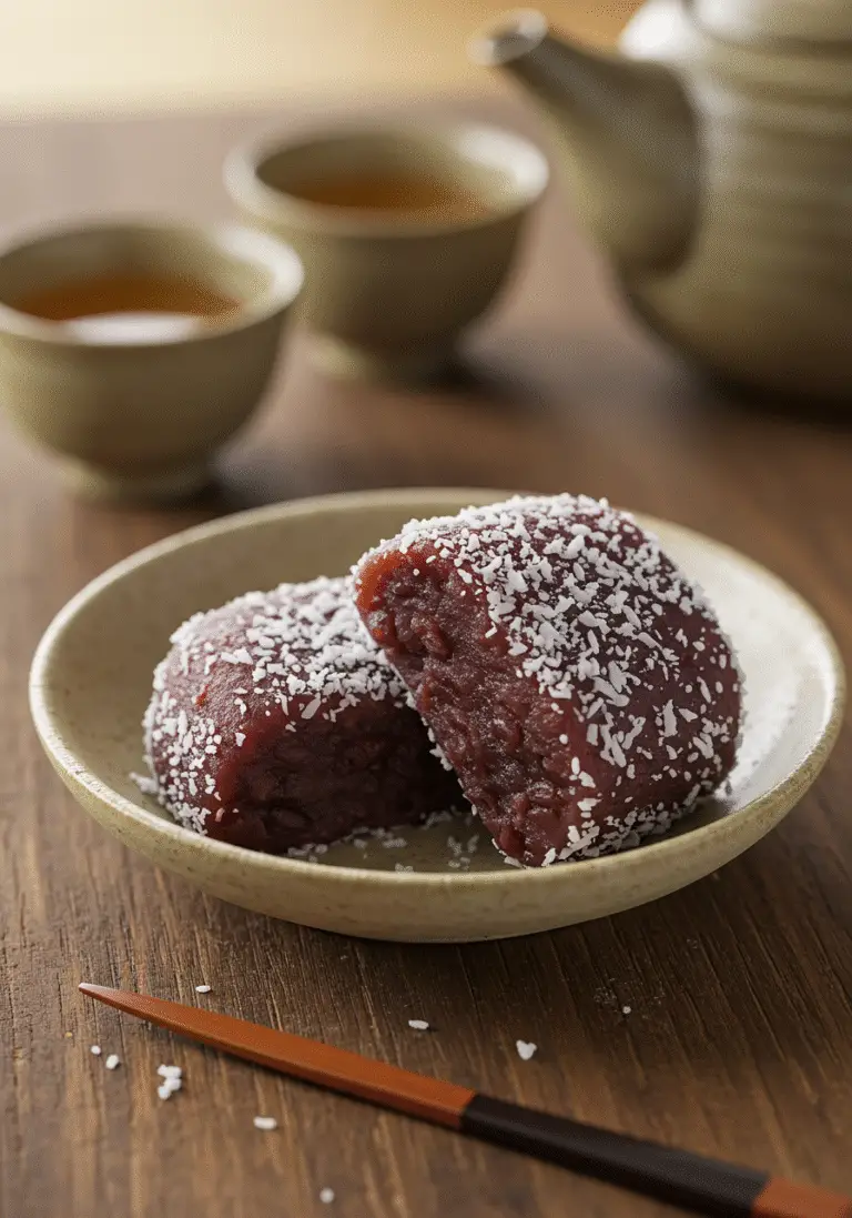 Doce de feijão azuki japonês decorado com coco, perfeito para saborear.
