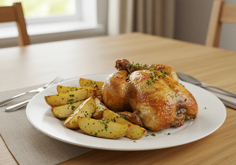 Plate de frango assado com batatas raquete, perfeito para refeições com família e amigos.