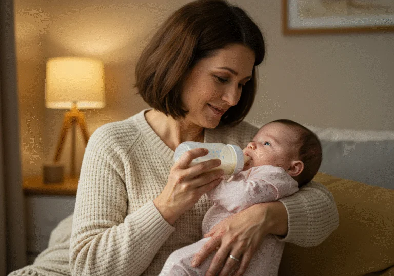 Pai ou mãe alimentando o bebê com leite quente para alívio de gases.