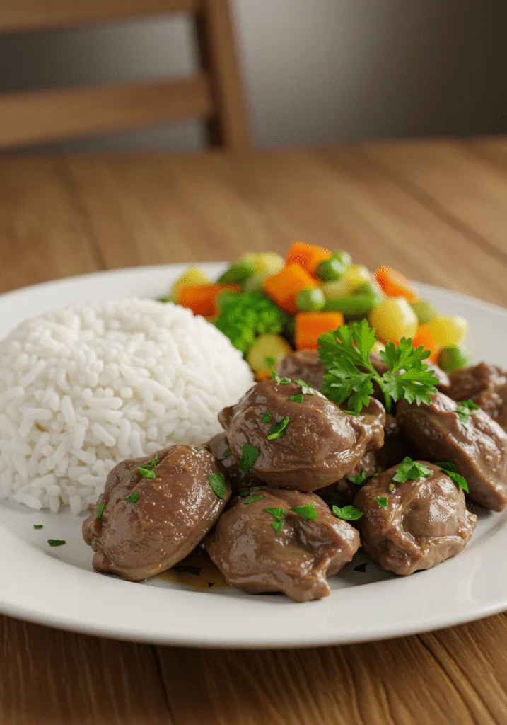 Prato de moela de frango cozida, com arroz e vegetais coloridos, perfeito para uma refeição nutritiva com tabela nutricional da moela de frango.