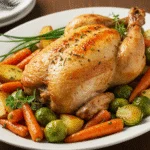 Peito de frango assado no forno com vegetais, perfeito para uma refeição deliciosa.