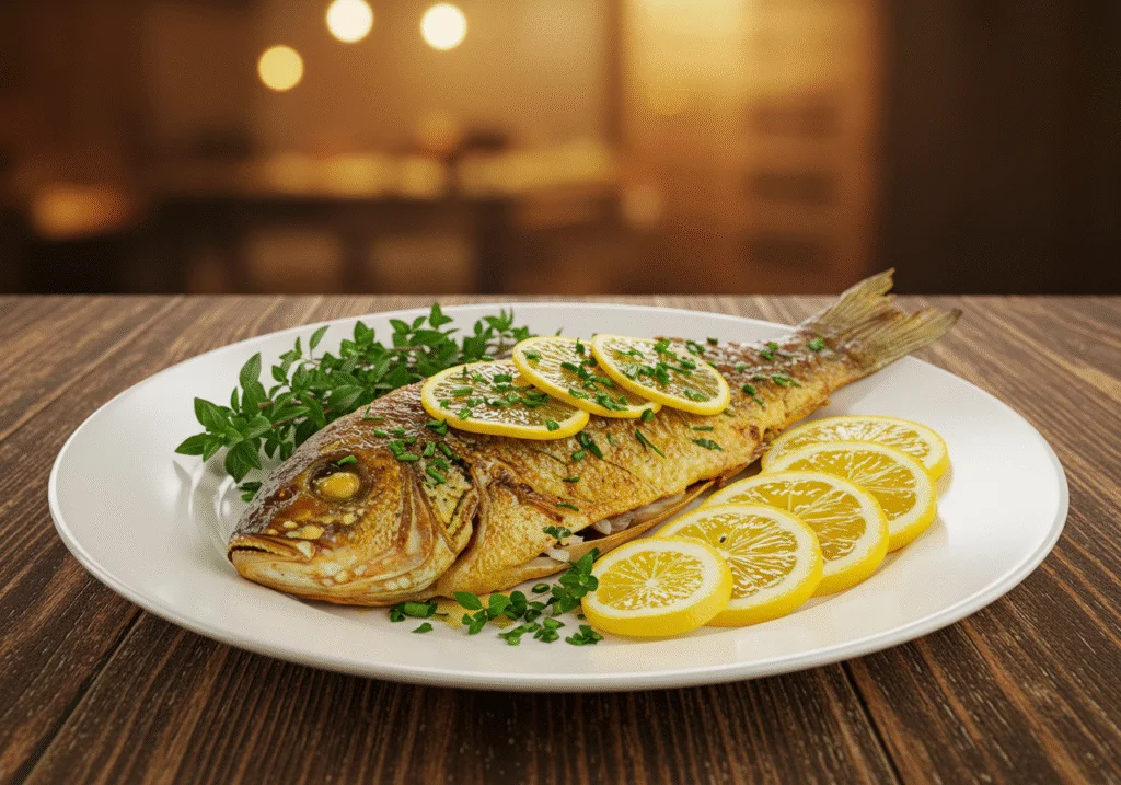 Peixe brasileiro assado perfeitamente, decorado com ervas frescas e limão, pronto para servir.