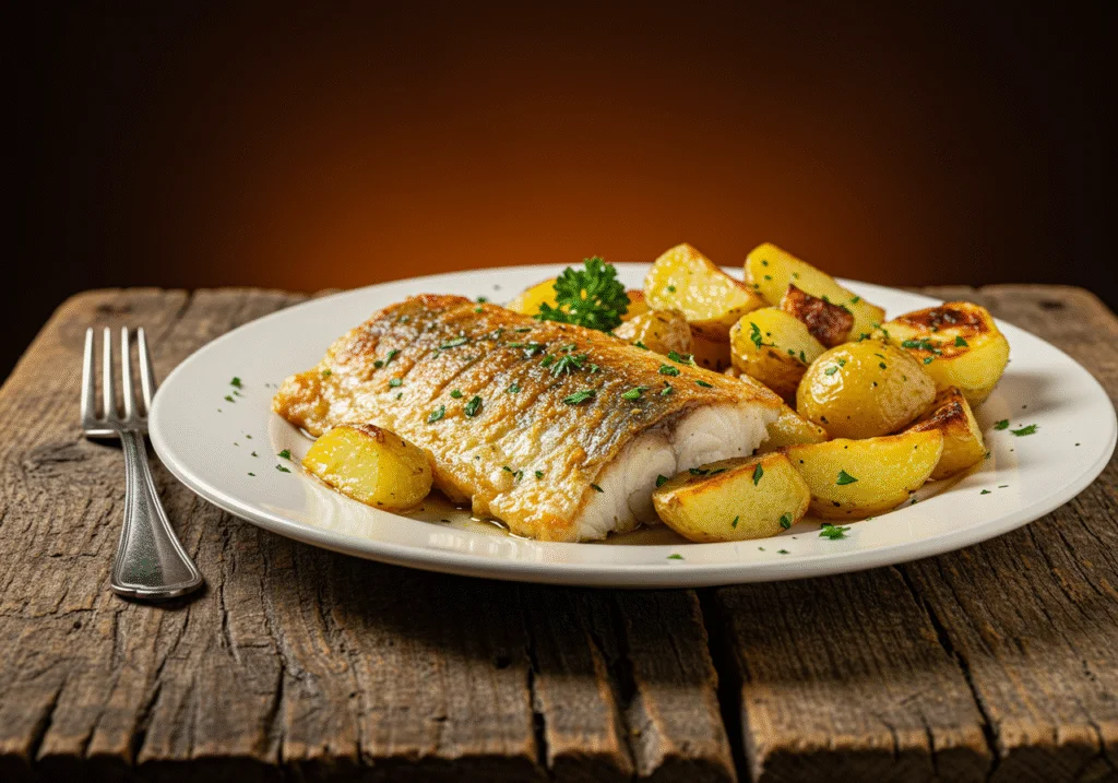 Peixe em posta assado com batatas douradas, perfeito para refeições.