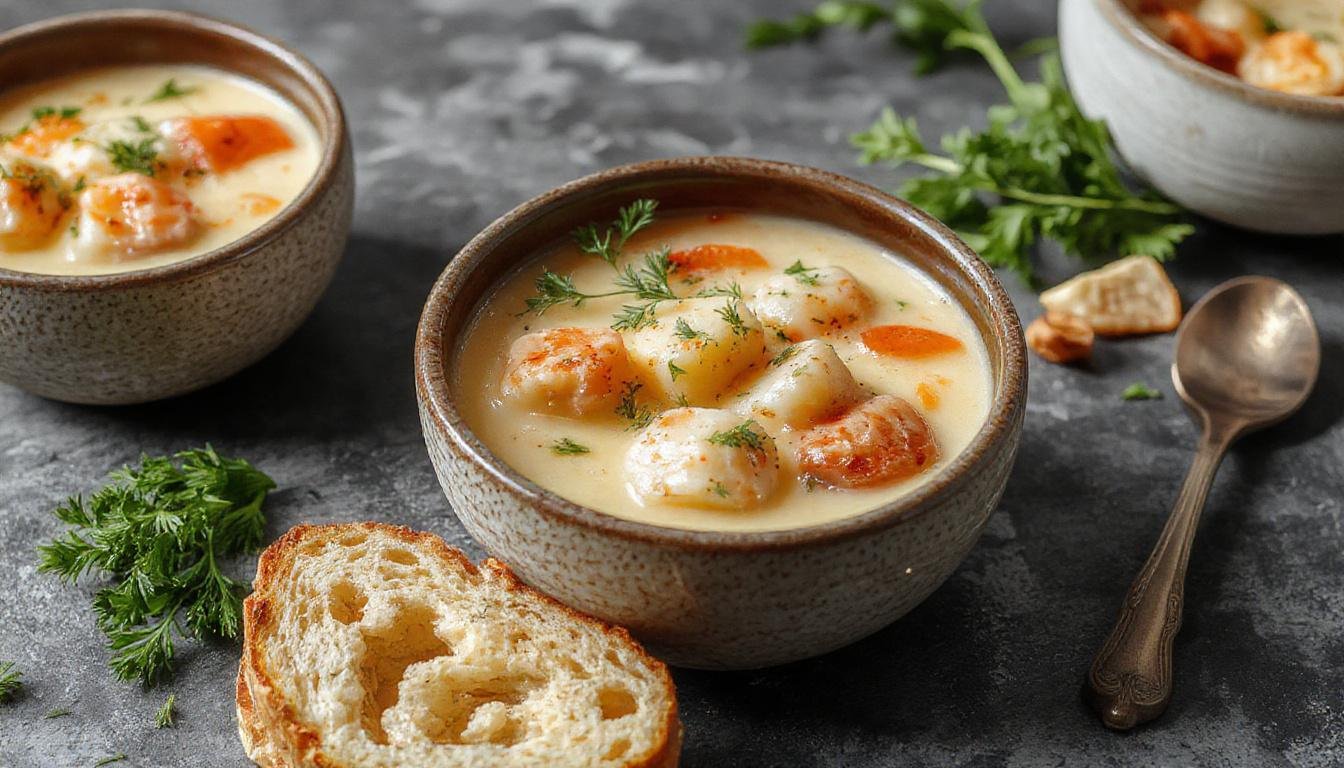 Tigela de caldo de abóbora com frango em uma mesa de madeira, apresentação aconchegante, com vegetais cozidos, creme de leite por cima e um toque de salsinha, cores quentes e textura cremosa visíveis