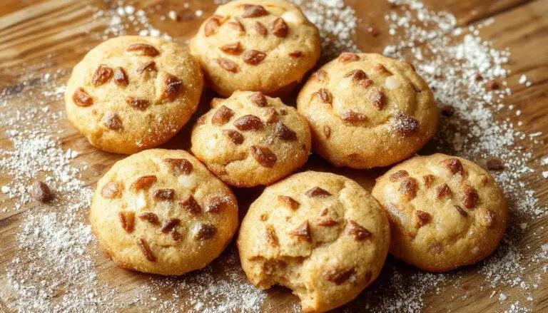 Biscoitos de cebola macios e dourados em uma travessa sobre uma toalha de linho branca, com pedaços de cebola visíveis na superfície, textura levemente crocante e aparência artesanal.