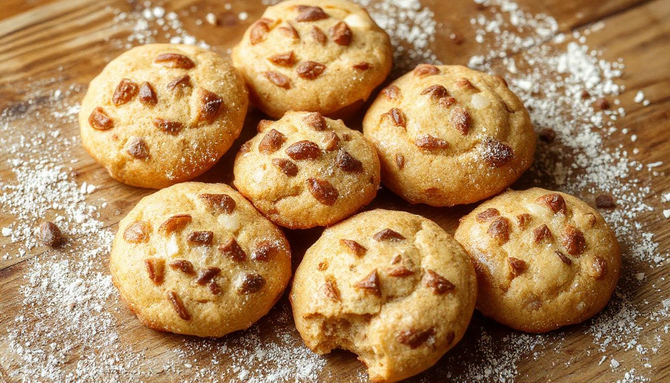 Biscoitos de cebola macios e dourados em uma travessa sobre uma toalha de linho branca, com pedaços de cebola visíveis na superfície, textura levemente crocante e aparência artesanal.