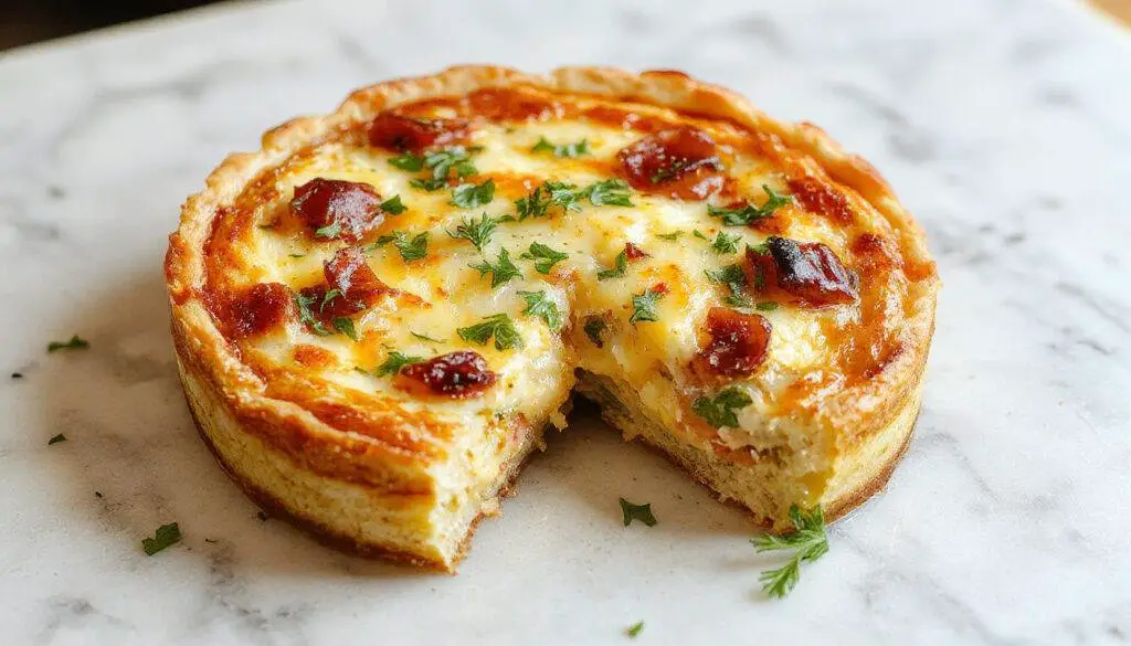 Uma fatia de quiche dourada e crocante com uma crosta suave, recheio cremoso de queijo e legumes verdes, apresentada em um prato branco com fundo rústico, iluminação quente destacando a textura dourada e a mistura de ingredientes.